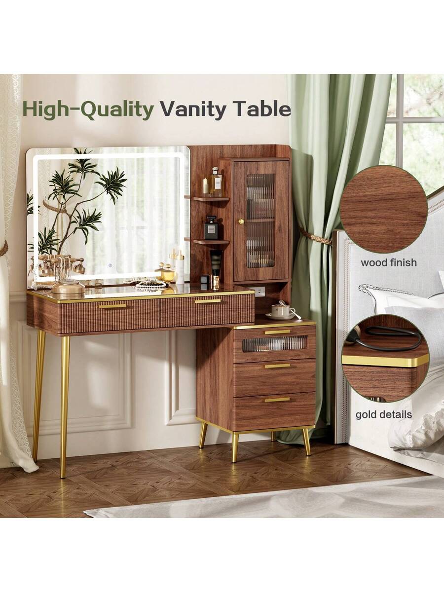 47.24" Big Modern Vanity Desk With Mirror And Lights,Makeup Vanity Desk With 5 Drawers And Storage Shelves & Power Outlet,Dressing Table With Glass Top, Walnut
