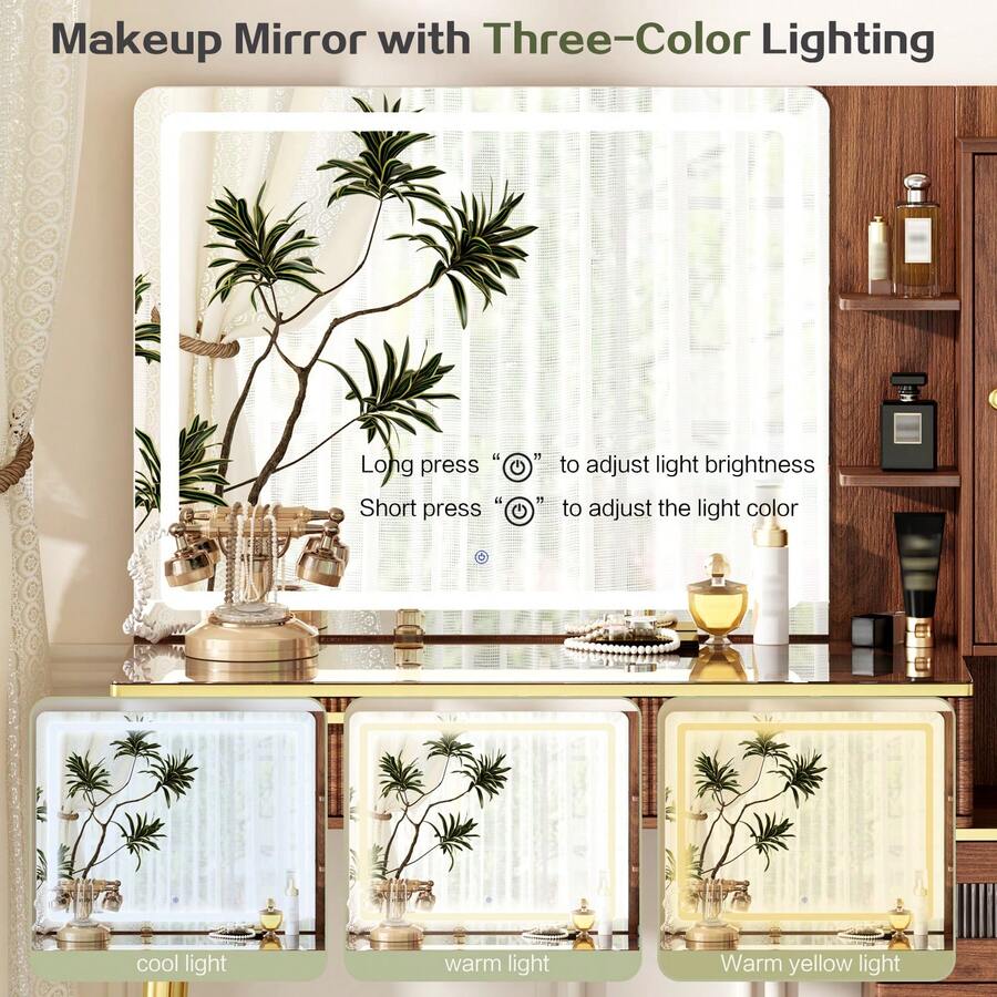 47.24" Big Modern Vanity Desk With Mirror And Lights,Makeup Vanity Desk With 5 Drawers And Storage Shelves & Power Outlet,Dressing Table With Glass Top, Walnut