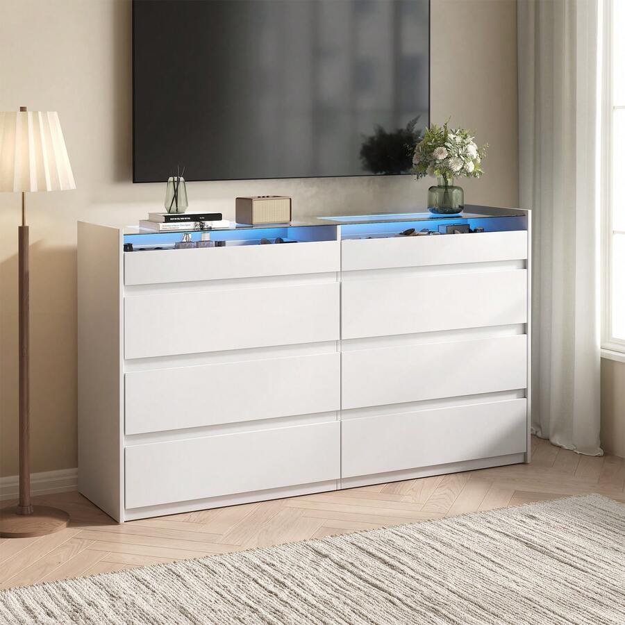 8 Drawers Closet Island With Tempered Glass Top, Walk-In Closet Island & Dresser With Jewelry Storage, Bedroom Storage Cabinet For Closet, Cloakroom, White
