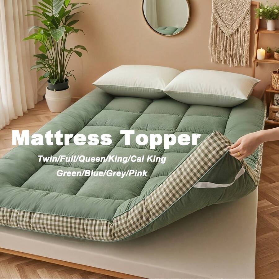 [1pcs 900gsm King Mattress Topper] Thin Mattress Pad With Checkered Print On The Side, Featuring Straps At The Corners Fit Over The Mattress, Foldable, Soft & Warm Mattress Protector | Low Allergenic & Breathable | Bedroom, Dormitory & Tatami