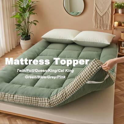 [1pcs 900gsm King Mattress Topper] Thin Mattress Pad With Checkered Print On The Side, Featuring Straps At The Corners Fit Over The Mattress, Foldable, Soft & Warm Mattress Protector | Low Allergenic & Breathable | Bedroom, Dormitory & Tatami