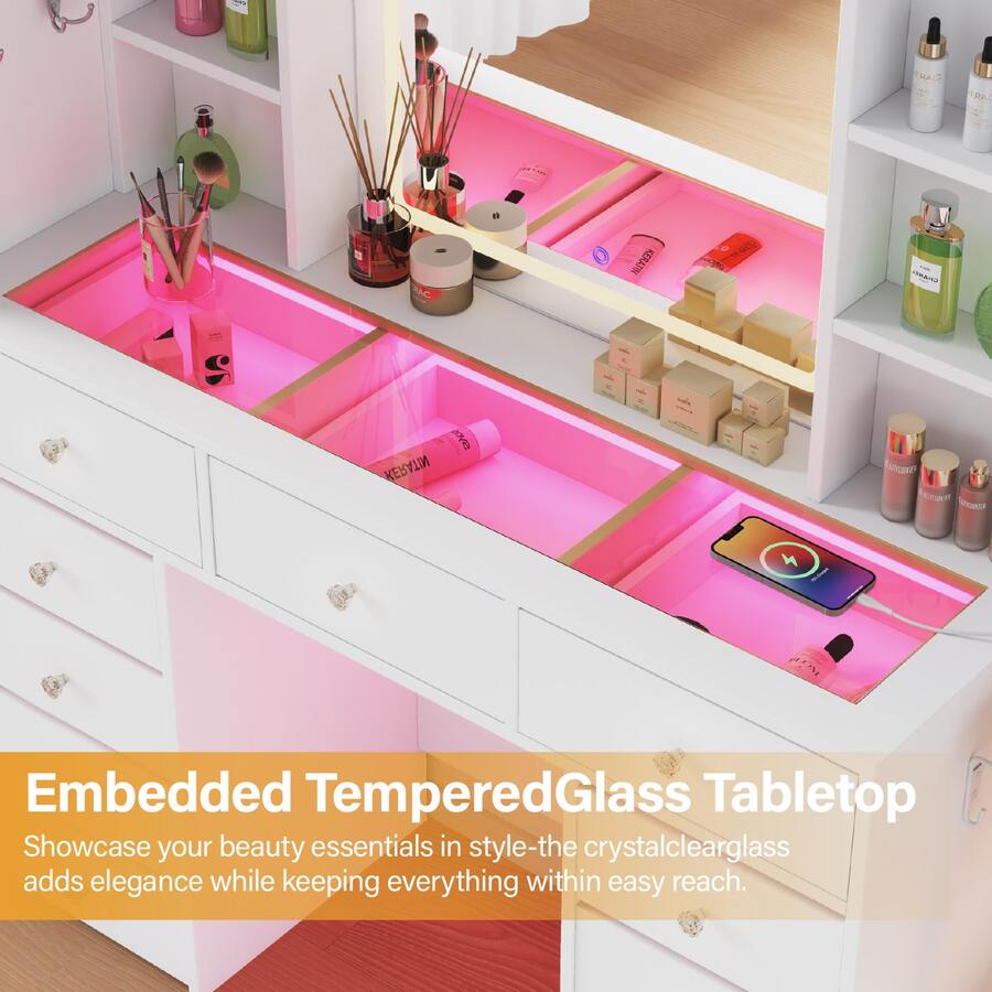 60.82" Full Length Mirror Makeup Vanity Desk With Smart LED Mirror & Charging Station, Transparent Top With 11 RGB Drawers, 10 Shelves, 3 Lighting Modes & Adjustable Brightness, Vanity Woman, White