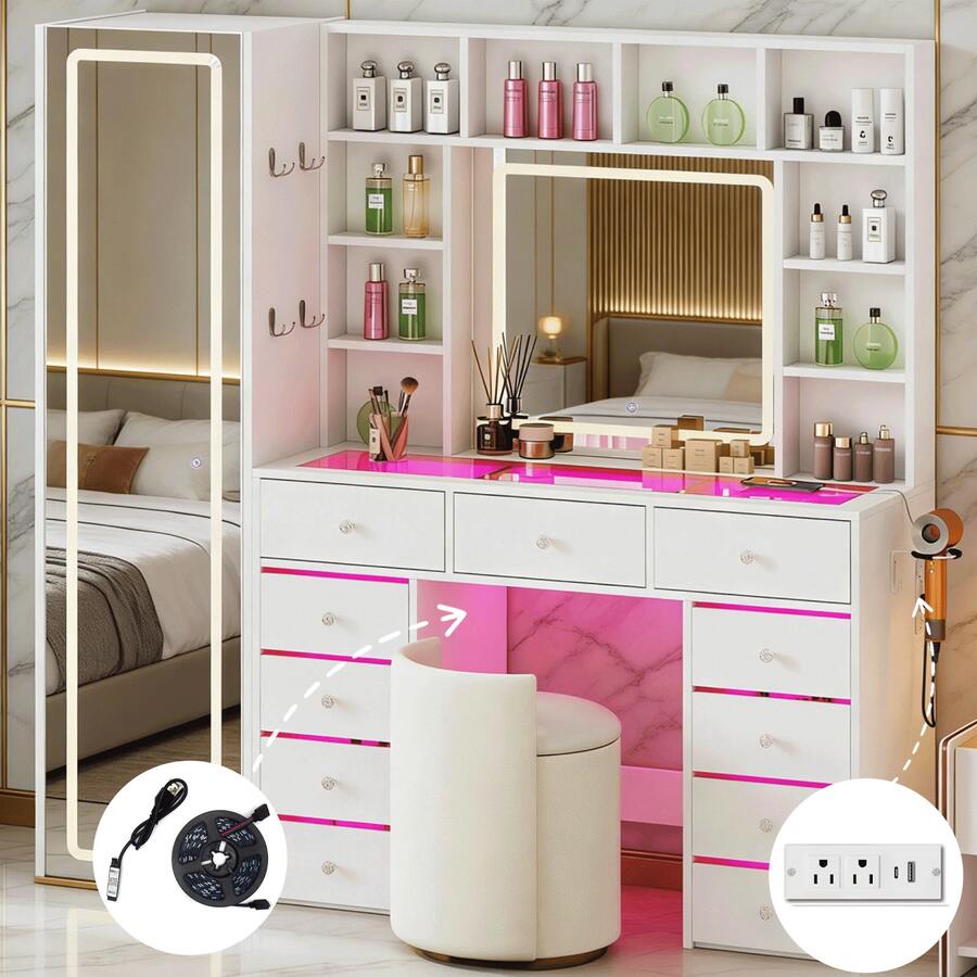 60.82" Full Length Mirror Makeup Vanity Desk With Smart LED Mirror & Charging Station, Transparent Top With 11 RGB Drawers, 10 Shelves, 3 Lighting Modes & Adjustable Brightness, Vanity Woman, White