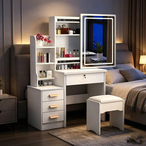 white vanity desk with sliding LED mirror, storage and stool – image 2 of 9