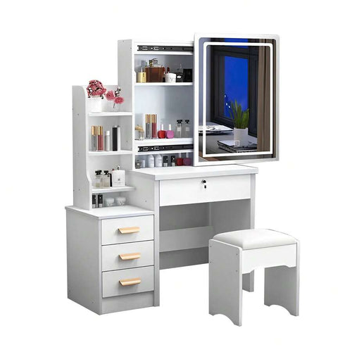 white vanity desk with sliding LED mirror, storage and stool – image 1 of 9