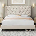Queen Bed Frame WithChannel-Tufted Headboard, Beige Wood And Fabric Frame Offers Sturdy Silent Support, Easy Assembly, No Box Spring Needed, And ModernStyle For Bedrooms.
