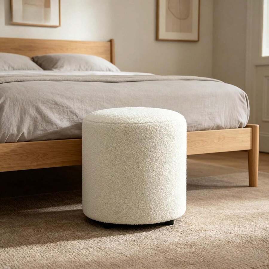 Modern Round Ottoman, Teddy Fleece Vanity Stool Footrest, Upholstered Stool For Makeup, Bedroom, Living Room, White