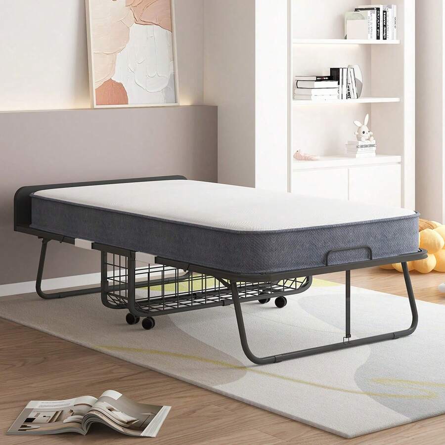 Twin Size Portable Rollaway Folding Bed With 5" High Resilient Foam Mattress, Sturdy Metal Wire Grid Frame, Lockable Wheels Space Saving Fold Away Guest Bed For Small Apartment Office Adult